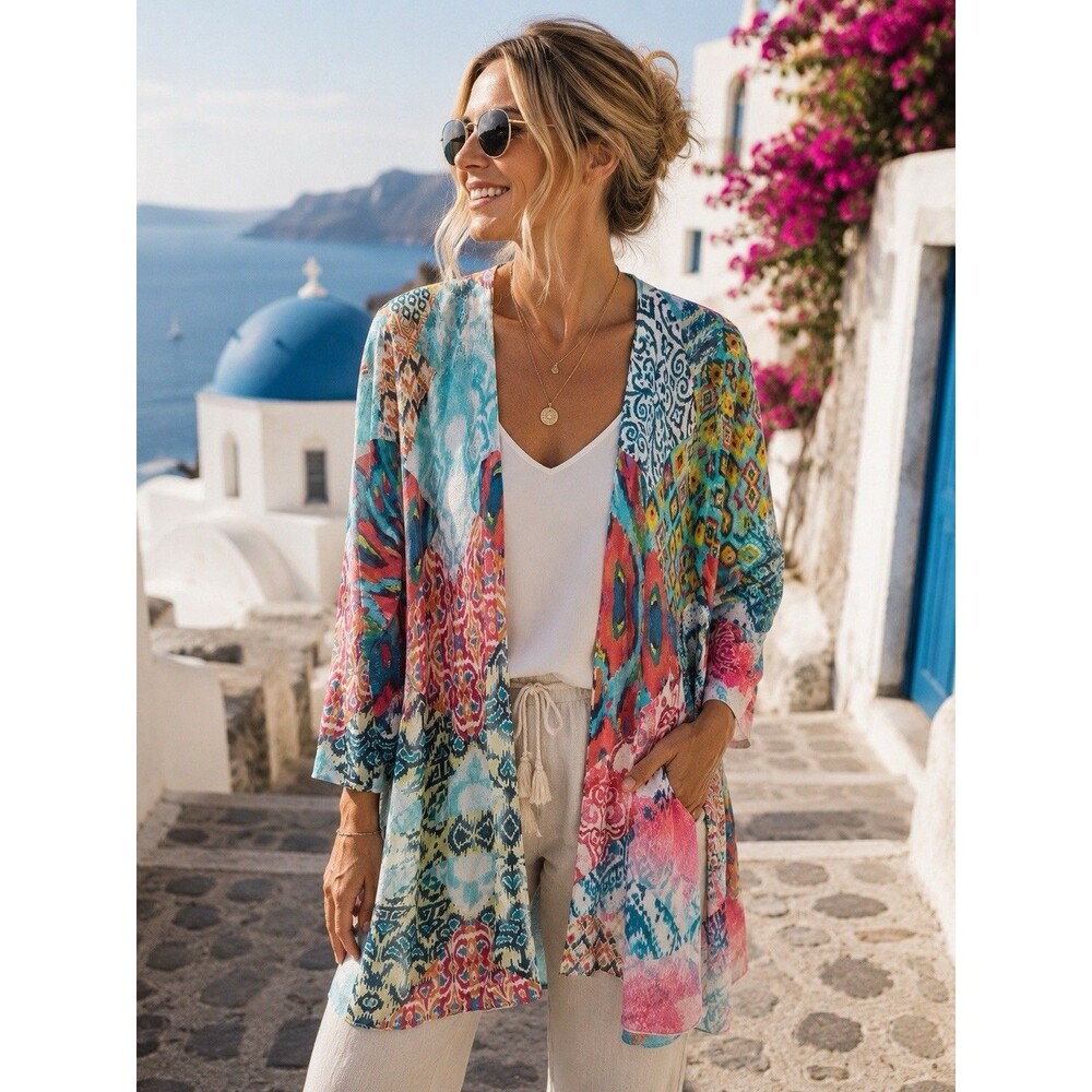 Chico's Multicolor Open Front Cardigan Sweater Sz L Boho Geometric Etnic Ikat